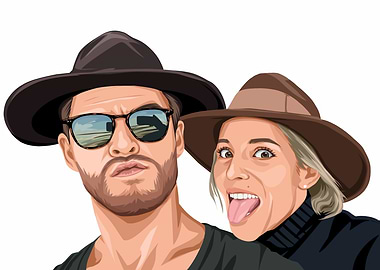 Stylish Celebrity Couple Vector Art - Cool Man in Hat & Playful Woman Illustration