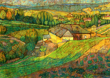 Rural Landscape Painting with Houses and Fields
