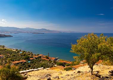 Coastal Landscape with Buildings and Sea, Lesvos, Greece