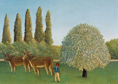 Pastoral scene with cows and boy