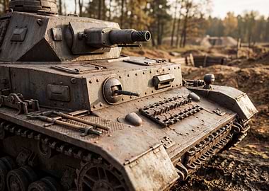 Vintage Military Tank in Battlefield Setting
