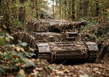 Camouflaged Tank in Forest