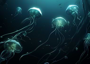 Jellyfish in Deep Blue Ocean