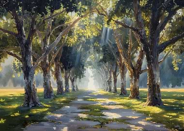 Sunlit Path Through Trees Painting
