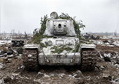Camouflaged Tank in Muddy Field