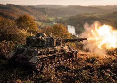 Tank firing in a natural landscape