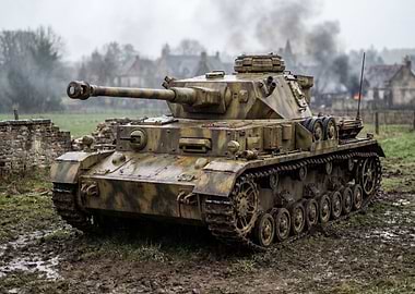 Camouflaged Tank in Muddy Field