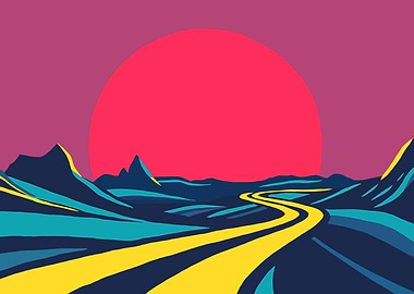 Retro Landscape with Road and Sunset