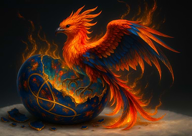 Phoenix emerging from a cracked sphere