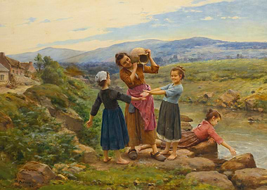 Children playing by a river painting