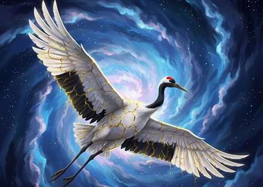 Crane in Flight Against Cosmic Background