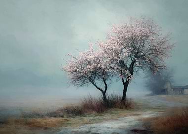 Spring Blossom Trees in Misty Landscape