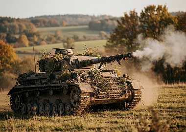 Camouflaged Tank Firing in Field