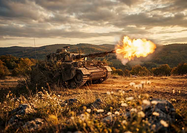 Tank firing in a field