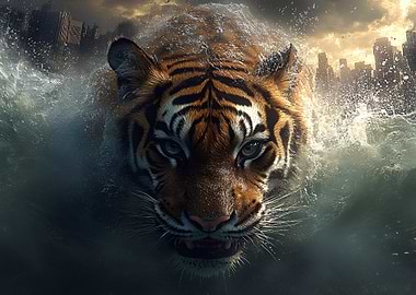 Tiger Swimming in Flooded Cityscape