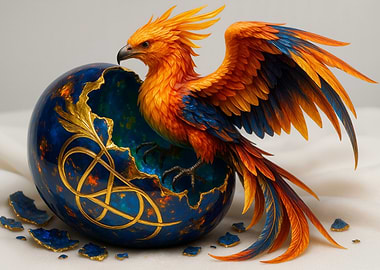 Phoenix emerging from a blue egg