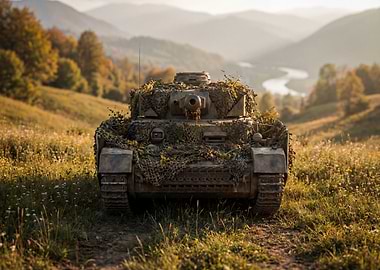Camouflaged Tank in Mountainous Landscape