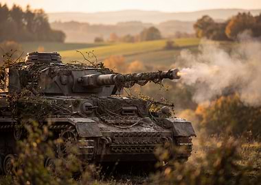 Camouflaged Tank Firing in Field