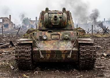 Camouflaged Tank in War-Torn Landscape
