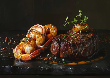 Steak and Shrimp on Black Plate