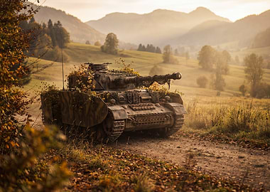Camouflaged Tank in Autumn Landscape