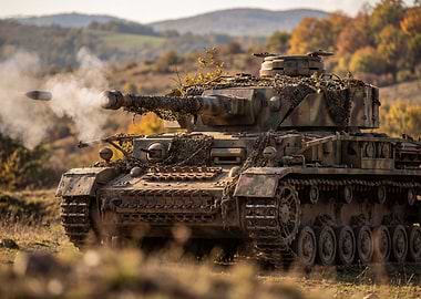Camouflaged Tank Firing in Field