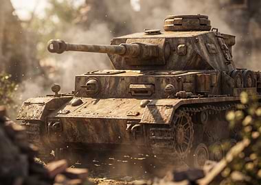 Vintage Military Tank in Battlefield Setting