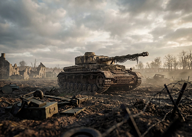 Panzer IV Tank in War-Torn Landscape