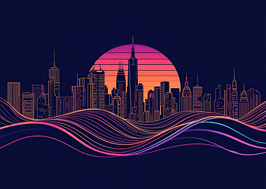 Retro Cityscape with Sunset and Waves