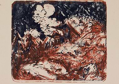 Abstract Landscape Print in Blue and Red