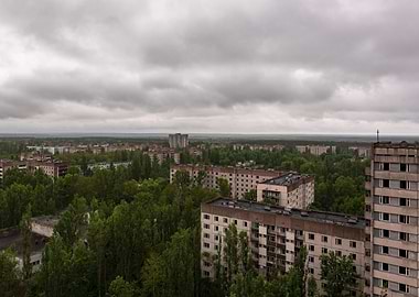 Pripyat cityscape under a cloudy sky