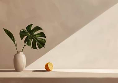Minimalist Still Life with Monstera and Lemon
