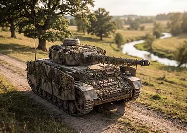 Camouflaged Tank in a Rural Landscape