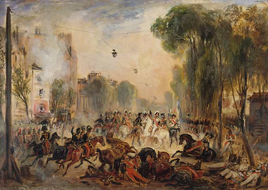Battle Scene Painting with Horses and Soldiers