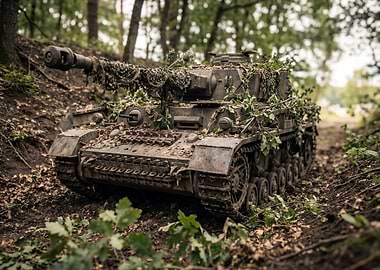 Camouflaged Tank in Forest