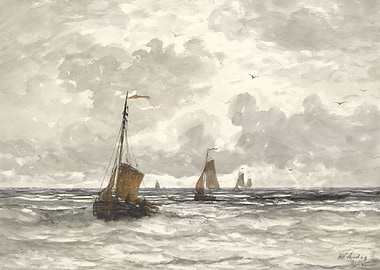 Monochrome seascape with sailing boats