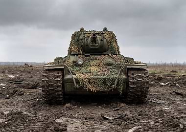 Camouflaged Tank in Muddy Field