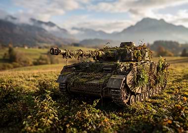 Camouflaged Tank in a Field