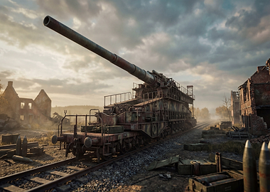 Massive Railway Gun in War-Torn Landscape