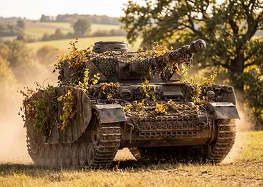 Camouflaged Panzer IV Tank in Field