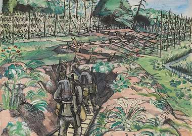 Watercolor Painting of Soldiers in Trenches