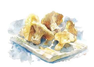 Watercolor Chanterelle Mushrooms on Wooden Board