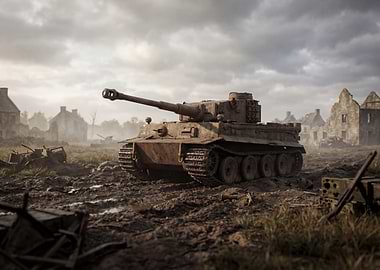 Tiger Tank in War-Torn Landscape