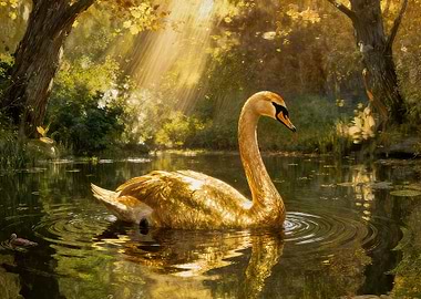 Golden Swan in Sunlit Pond