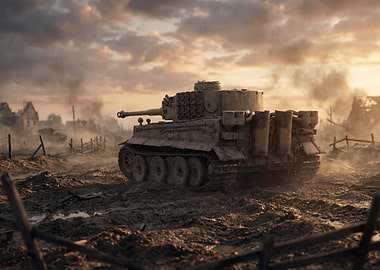 Tiger Tank in War-Torn Landscape