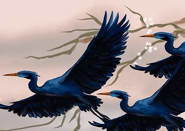 Blue Herons in Flight with Blossoms