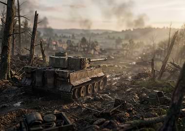Tiger Tank in War-Torn Landscape