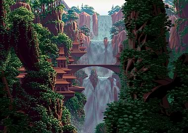 Fantasy Waterfall Pixel Art Landscape