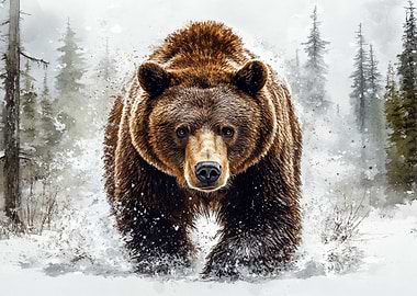 Grizzly Bear in Winter Watercolor