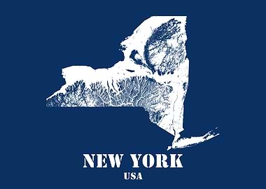 New York USA State Minimalist White Topographic Contour Relief Map featuring terrain on navy blue background